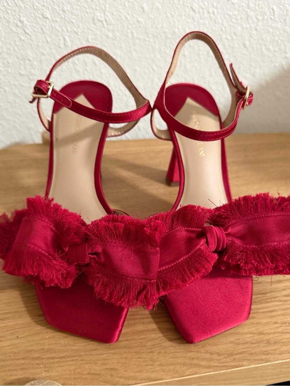 ANTONIO MELANI Red Satin Ruffle Strap Heels